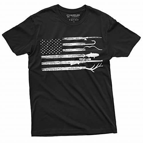 Men's Hunting Fishing Shirt USA Flag Nature Camo Shirt Father Gift Ideas Patriotic Tee (3X-Large Black)