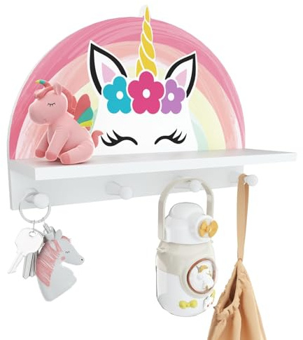 Garybank Unicorn Wall Shelf Decor for Girls Bedroom, Rainbow Decoration Kids Coat Rack with Hooks, Floating Stand Wall Mounted Kids Coat Rack Decor for Girls Bedroom, Wooden Peg Shelf for Clothes