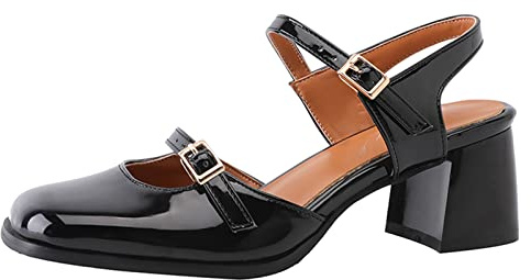 OALEEN Chaussure Mary Jane Femme Vernis Vintage Petit Talon Carré Bride Cheville Escarpin Ouverte Arrière Soirée Mariage Noir 41