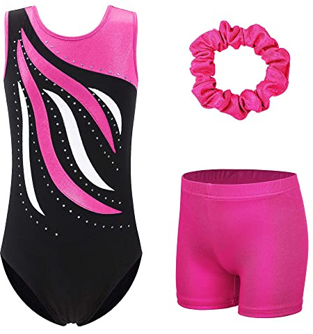 XFGIRLS Gymnastikanzug für Mädchen Langarm Turnanzug Funkelndes Tanzen ärmellos Ballett Gymnastik Shorts 3-16 Jahre, 13-14 Years