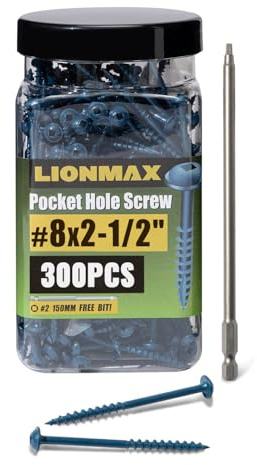 LIONMAX Pocket Hole Screws 2-1/2 Inch, 300 PCS Exterior Pocket Screw #8 x 2-1/2, Coarse Thread, Square Drive, Washer Head, Blue Coated Weather Resistant, 150MM Drive Bit Included