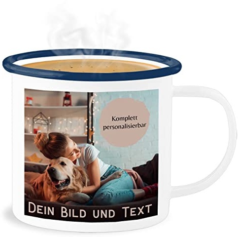 Emaille Becher Blechbecher - eigenem - Foto Bild Geschenk I Dein Bild und Text - 300 ml - Weiß Blau - fototasse tassen bedrucken selbst drucken logo tasse fototassen selber gestalten foto-becher