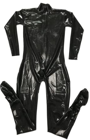 Sexy schwarze Männer Hals Eintrag Latex Catsuit Fetisch Bodysuits Penis Kondom mit Socken
