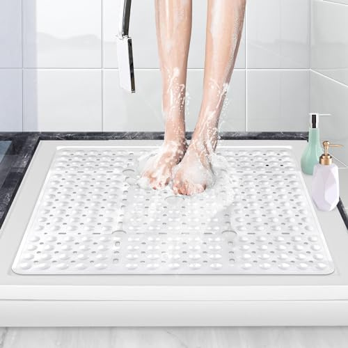 ZOKBOM Fyrkantig duschmatta halkfri 70 x 70 cm | Extra stora duschmattor för inomhusdusch med sugkoppar och dräneringshål | anti-mögel gummi badkarsmattor för badrum, maskintvättbar (vit)