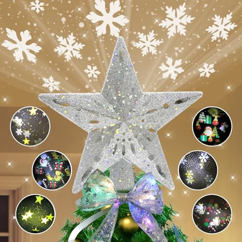 Marsyu Weihnachtsbaum Sternspitzen mit 6 Projektionsmodi Rotierenden LED-Projektor Glitzer Sternenklares Nachtlicht für Weihnachtsbaumdekoration, Silber Stern Baumspitze + 5M Weihnachtsband Lichterset