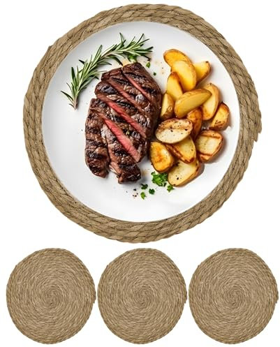 Platzset aus Seegras - Wasserhyazinthe, Tischset rund geflochten, abwischbar 32cm Tischuntersetzer rund Natur (4er Set)