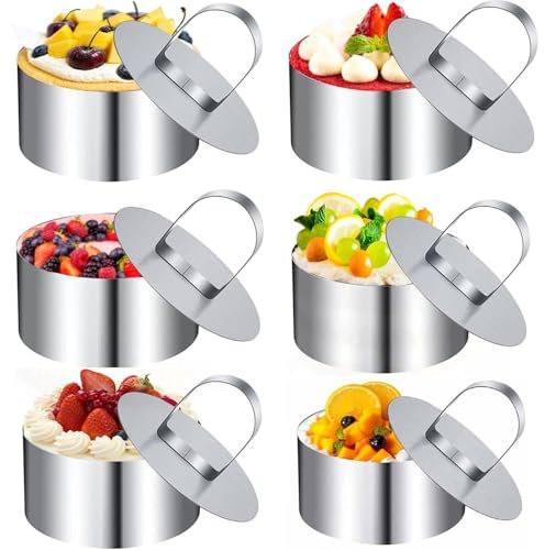 6 Piezas Anillo de Pastel de Acero Inoxidable, Anillos paraTartas, Anillos de Postre Plateados, Juego de Moldes para Postres con Empujador Comida, Aptos para Hornear, Mousse, Pasteles(6 Rondas)