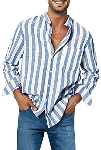 Linneskjorta för män, långärmad V-ringad, smal passform, sommarskjorta för män, långärmad strykfri randig look, bröllopströja, andas, kostymskjorta, mode, affärsskjorta, elegant, traditionell skjorta,