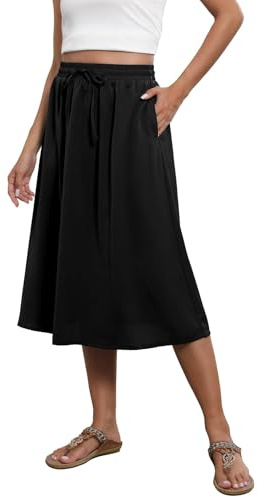 TASAMO Women's Summer Elastic High Waist Boho Midi Skirt Casual Drawstring A Line Flowy Skirts Black