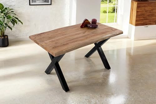 SAM Esstisch Cali | 160 x 85 cm | Mangoholz | Farbe: Natur/rau | X-Gestell Metall Schwarz | Massivholz mit echter Baumkante | pflegeleichter Baumkantentisch/Esszimmertisch