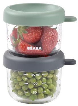 BÉABA, 2 Serves Baby Food Storage/Glass, 100% Airtight, Heat & Cold Resistant, Freezable, Sterilizable, Graduated, 150 ml, Sage Green/Mineral