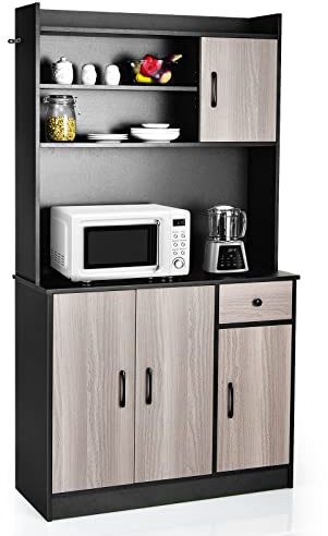 COSTWAY Alacena de Cocina, Armario Aparador con Estación de Carga Integrada, Gabinete Independiente con Encimera para Microondas, Cajón, 4 Estantes Ajustables (Negro, 40 x 100 x 180 cm)