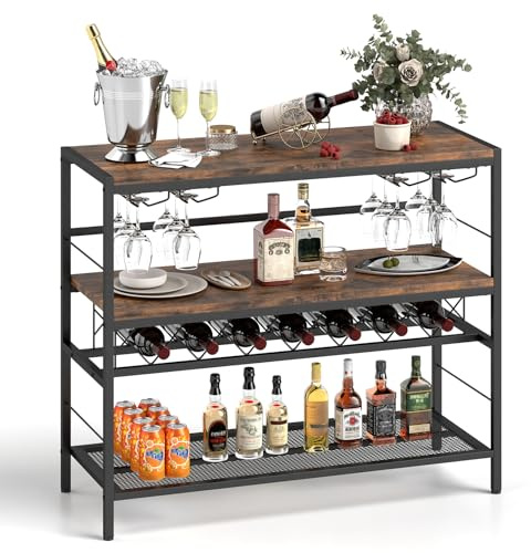 TANGZON Wine Rack Table, 7 Bottles Wine Bar Cabinet with 16 Glass Holders & Anti-tipping Device, 3-Tier Freestanding Wine Display Storage Shelves for Kitchen Dining Living Room