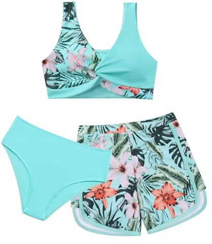 BOBORA Girl's 3 Piece Swimsuit Tropical Print Teen Bathing Suit Twist Cross Bikini Swimwear with Cover Up Shorts Size 13-14 Blue