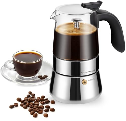 COPOTEA Moka Pot-Portable Stovetop Espresso Maker, Borosilicate Glass & Stainless Steel Percolator Coffee Maker 6 Cups (240ml/8.5oz)
