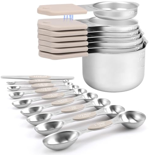 Juego de tazas y cucharas medidoras magnéticas, acero inoxidable 304 resistente, marcas de medición dobles, juego de 16 con nivelador para medir ingredientes secos y líquidos (caqui)