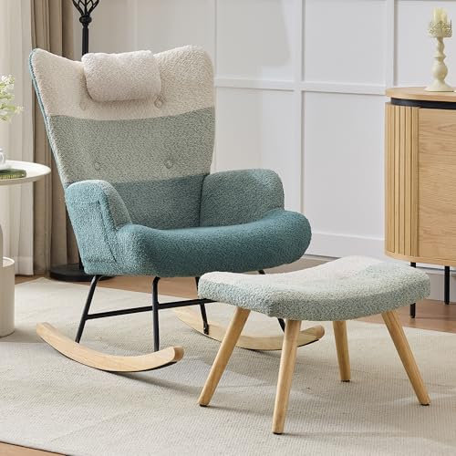 Kebnor Boucle-Schaukelsessel, Schaukelstuhl im bunten Patchwork-Streifen-Look, Sessel Beine aus Gummiholz, Gestell aus gespritztem Eisen, Wohnzimmersessel, Schlafzimmersessel mit Fußbank (Typ 1)