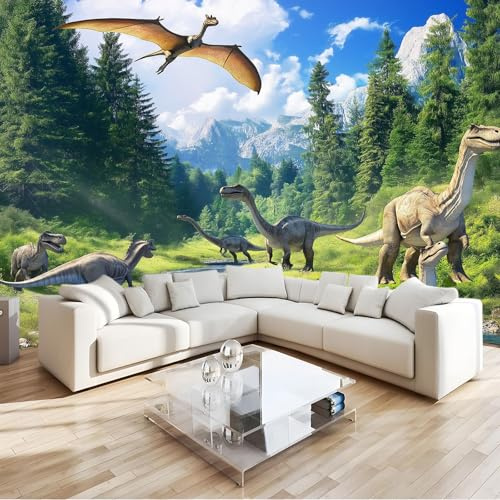 Papier Peint Panoramique Préhistorique Dinosaure Forêt Vert Marron 200 X 140 Cm(Wxh) Non-Tissées 3D Mural Fond D'Écran Murales Panoramique 3D Mur De Fond Tv Chambre Enfant Adulte Papier Peint Poster