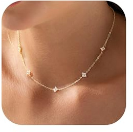 TINGN Kette Gold Damen 14K Gold Vergoldete Ketten mit Kleeblatt Glänzende Zirkonia Süßer Schmetterling Station Halskette Goldkette Damen Hochzeits Abschlussball Geschenke für Frauen Schmuck