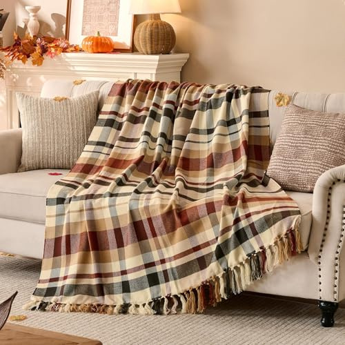Lanpn Plaid Coperta Tartan Marrone, Morbida e Leggera Trapuntino con Frange, Copriletto Autunnale Decorativo 130x150 cm per Divano, Sedia o Letto, Idea Regalo per la Casa