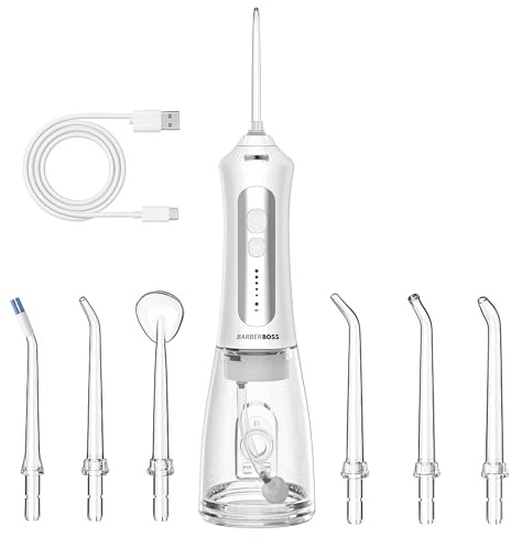 Barberboss Bärbar tandtandtandtråd, uppladdningsbar munsköljare, tandtandtandtråd kit med 5 tryckinställningar, 5 utbytbara munstycken, 300 ml vattentank och resevänlig design