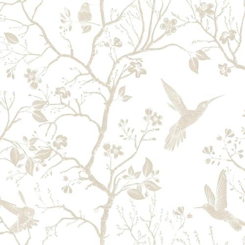 FunStick Selbstklebende Tapete Blumen Bäume Mustertapete Beige Weiß Vintage Landhaus Tapete Vögel Blumen Klebefolie Wohnzimmer Wand Möbelfolie Weiß Beige Selbstklebende Folie Blumenmuster 44.5CMx3M