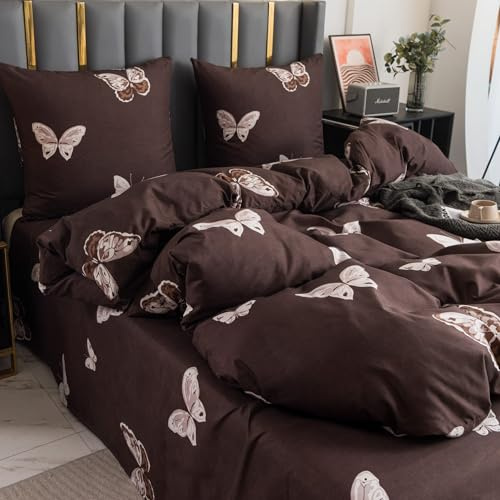 Cotton Market Bettwäsche-Set 3-teilig Deckenbezug 155 x 200 cm mit 2 Kissenbezügen 70 x 80 cm Braun mit Schmetterlingen Mikrofaser Elegant Reißverschluss