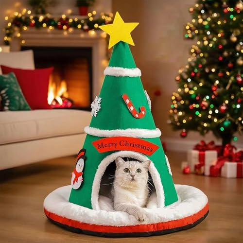Arroopu Christmas Tree Cat Bed For Indoor, 70x60cm Cats House Tent With Detachable Pillow, Christmas Dog/cat Bed, Christmass Tree Tent Cave Beds For Pets Cats And Dogs