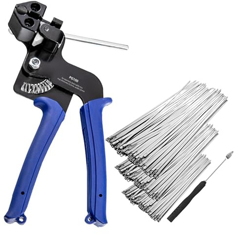 Metal Cable Tie Gun, Stainless Steel Tie Wrap Gun, Metal Zip Ties Tensioning Cutting Tool, with 150PCS 150/200/250/300mm Self-Locking Cable Ties, for Chicken Coop Chain Link Fence