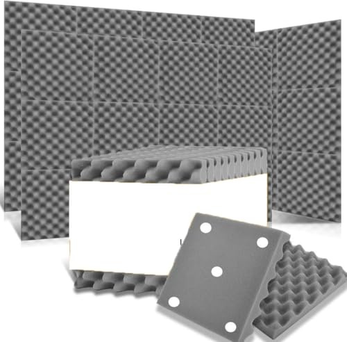 Lot de 6/12/24 pièces de mousse acoustique haute densité pour studio d'enregistrement, en polyester, matériau absorbant le son, isolation phonique, gris, densité moyenne, avec bandes adhésives, 5 cm