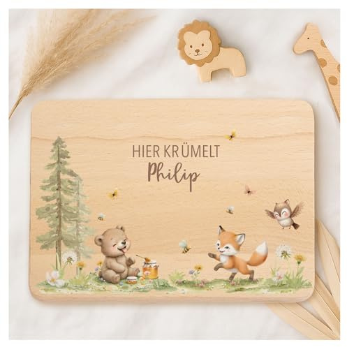 Little-Deco Personalisiertes Frühstücksbrettchen für Kinder, Individuelles Holzbrett mit zertifiziertem UV-Druck, Waldtiere, Brettchen mit Namen XFL1044