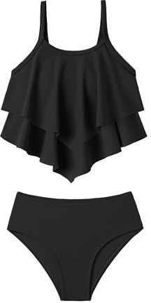 Arshiner Fille Ensemble Bikini Volants Enfants Bustier et Slip Deux Pièces Maillot de Bain Été Ensembles Bikini pour Filles 11-12 Ans Noir