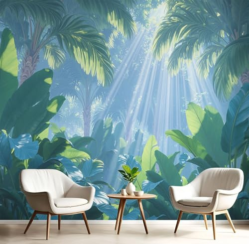 ANALTIRCE Papier Peint Panoramique Forêt Humide, 3D Papier Peint Intissé Naturellement Les Feuilles Bananier Fresque Murale, 260×180cm Poster Geant Mural pour Salon Chambre Décoration