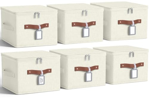 Fiwochic 6 Pack Fabric Closet Storage Bins with Zipper Lids and Label, 10×8×7In Large Size Foldable Cotton Linen Storage Cubes Boxes with PU Leather Handles Holders for Bedroom, Shelf, Nursery, Beige