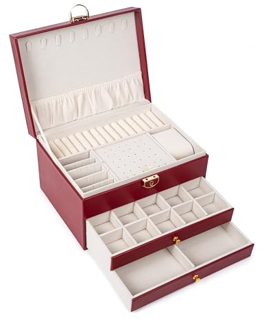 BESTIF Schmuckkästchen Schmuckbox Schmuckkasten Groß Ketten PU Leder Jewellery Box (Rot)