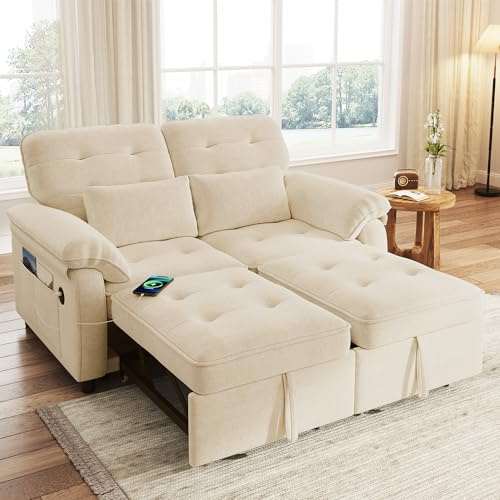 Merax Schlafsofa 2-Sitzer Sofa mit Schlaffunktion, Klappbares 3-in-1 Schlafcouch mit Verstellbarer Rückenlehne, USB-Anschlüssen und Armlehnentaschen, für Wohnzimmer/Schlafzimmer, Chenille-Stoff, Beige