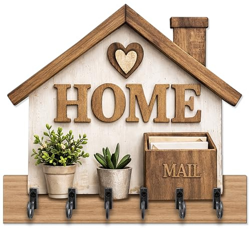 DEKORI Appendichiavi da Parete HOME in Legno – Portachiavi da Muro 6 Ganci Metallo – Decorazione Ingresso Casa Stile Country Moderno – Organizer Chiavi Parete – Made in Italy