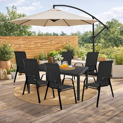 Mojawo Hochwertige Gartengarnitur 7-teilig Gartentisch 150x90cm Anthrazit WPC Grau + 6 Stapelstühle Textilen Anthrazit Gartenmöbel