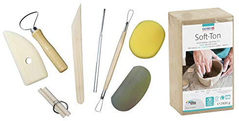 GLOREX 6 8075 301K - Set für Kreative: Soft Ton 2500 g in weiß, lufthärtend oder brennbar und 8 teiliges Set mit strapazierfähigem Modellierwerkzeug