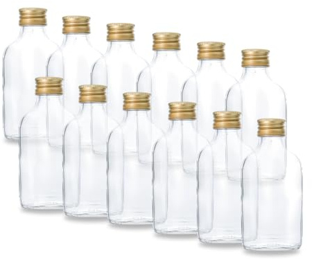 Flaschenbauer - 12x Glasflaschen 100ml mit Schraubverschluss Gold - Kleine Glasflaschen zum Befüllen, Likörflaschen, Schnapsflaschen, Mini Glasflaschen für Spirituosen, Sirup, Öl - Made in Germany