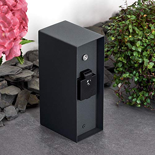HOFSTEIN Außensteckdose Abilene, Gartensteckdose aus Metall in Anthrazit, Tag/Nacht-Sensor, 3 Steckdosen mit Klappdeckeln, Festinstallation, Mehrfachsteckdose für Garten, Terrasse, Außenbereich, IP 44