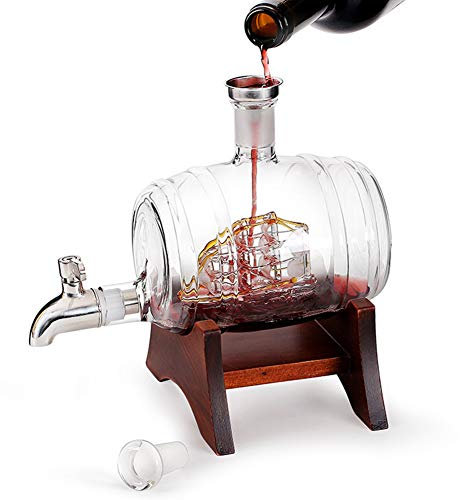 LAI HO Set Decanter per Vino Bianco Whisky da 1000 Ml, Scozzese Bourbon Versatore di Vodka Barile di Birra, Supporto in Legno, Distributore di Rubinetto in Acciaio Inossidabile - 2 Bicchieri Rotondi