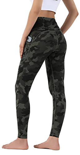 Leovqn Damen Sport Leggings Hohe Taille Blickdicht Yoga Hosen mit Taschen für Sports Laufen Joggen Training Freizeitkleidung Dark Olive Camo XS