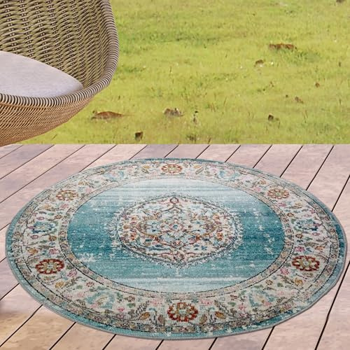 CARPETIA In- & Outdoor Teppich Rund Florale Ornamente Blau Creme Ø 200 cm | Pflegeleicht, strapazierfähig und saugrobotergeeignet, für geschützte Außenbereiche, Fußbodenheizung, Wohn- & Essräume