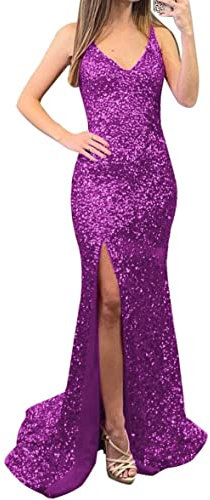 KURFACE Vestiti da promenade con scollo a V a sirena con paillettes lunghi abiti da sera formali spaccati sexy per le donne, Fucsia, 34