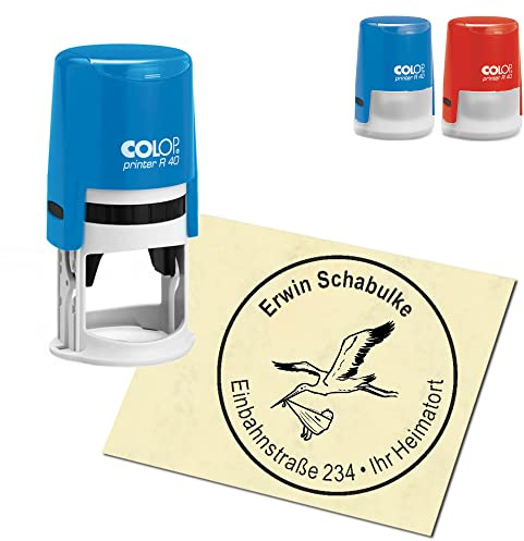 Stempel Adressstempel personalisiert - Storch mit Baby - rund ∅ 40mm Automatikstempel als Firmenstempel Namensstempel Bürostempel