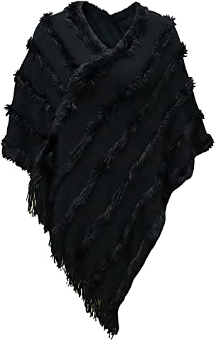 JFAN Poncho Donna Invernale Mantella Scialle in Maglia con Scollo a V Peluche Leggero Coprispalle Donna Elegante Nero