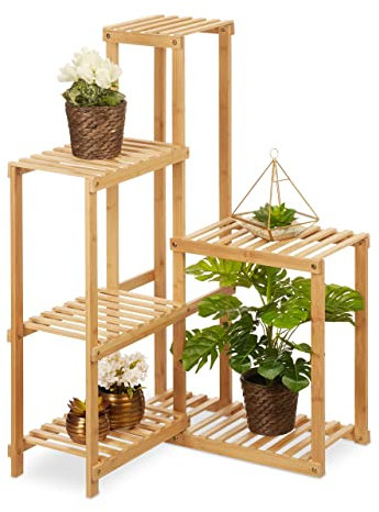 Relaxdays Pflanzenregal Bambus, 6 Ablagen, Pflanzen Eckregal für innen, HBT: 101x62x62 cm, Blumenregal Wohnzimmer, Natur