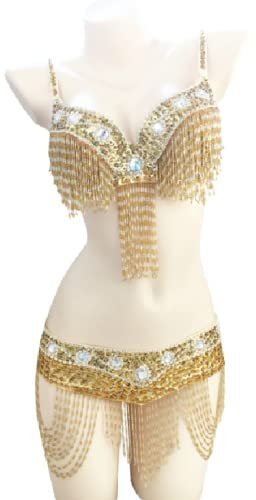 JRUIA Fransen Bauchtänzerin Kostüme Für Damen Karnevals Performance Tanz Outfits Bauchtanz BH Und Gürtel Bauchtanz 2 Teiliges Set,Gold,S