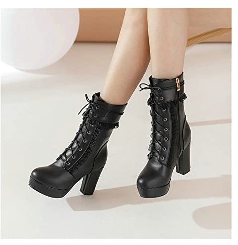 MIYYO Botas con Cordones for Mujer Lindas Boots Estilo Japones Booties Plataforma Invierno Gothic Punk Botines De Motociclista De Cuero PU Tacones Altos Elegantes Zapatos Cosplay Lolita
